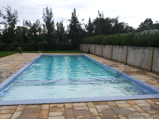 Rectangular swimming pool with stone paving and clear water