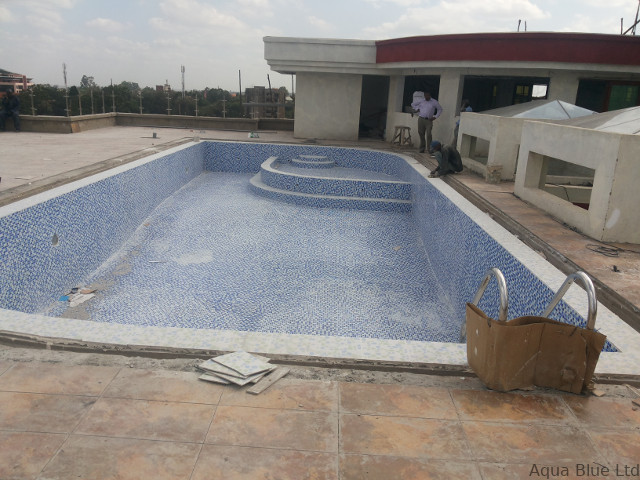 Rooftop swimming pool with mosaic tile finish and steps