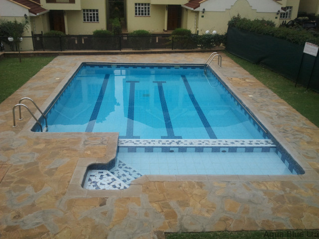 Lap pool with mosaic detail and flagstone decking