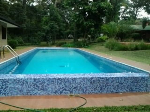 Raised swimming pool with a blue mosaic tile wall